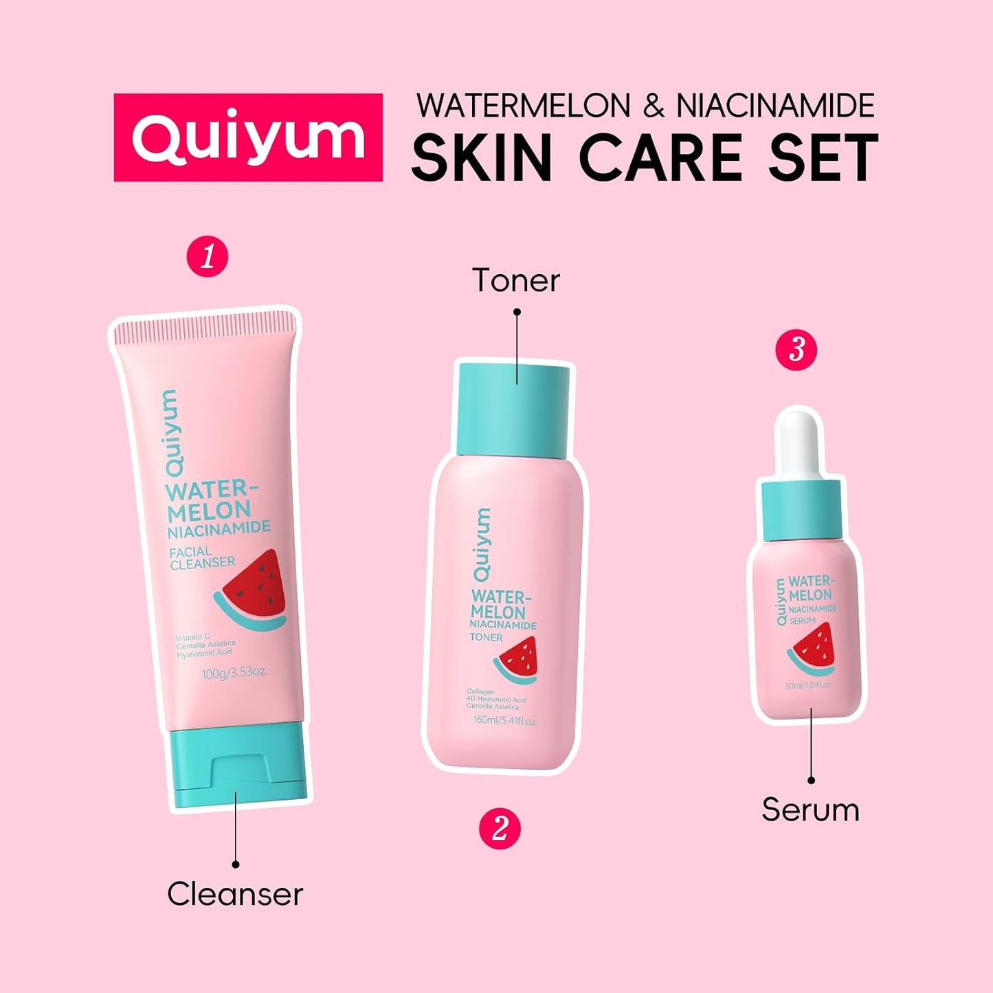 Watermelon & Niacinamide Skincare Set for Women Teens Girls, 3PCS | Face Wash, Toner, Serum, Daily Routine with Niacinamide, CICA, Vit-C, Gift for Teenage Girls & Beginners