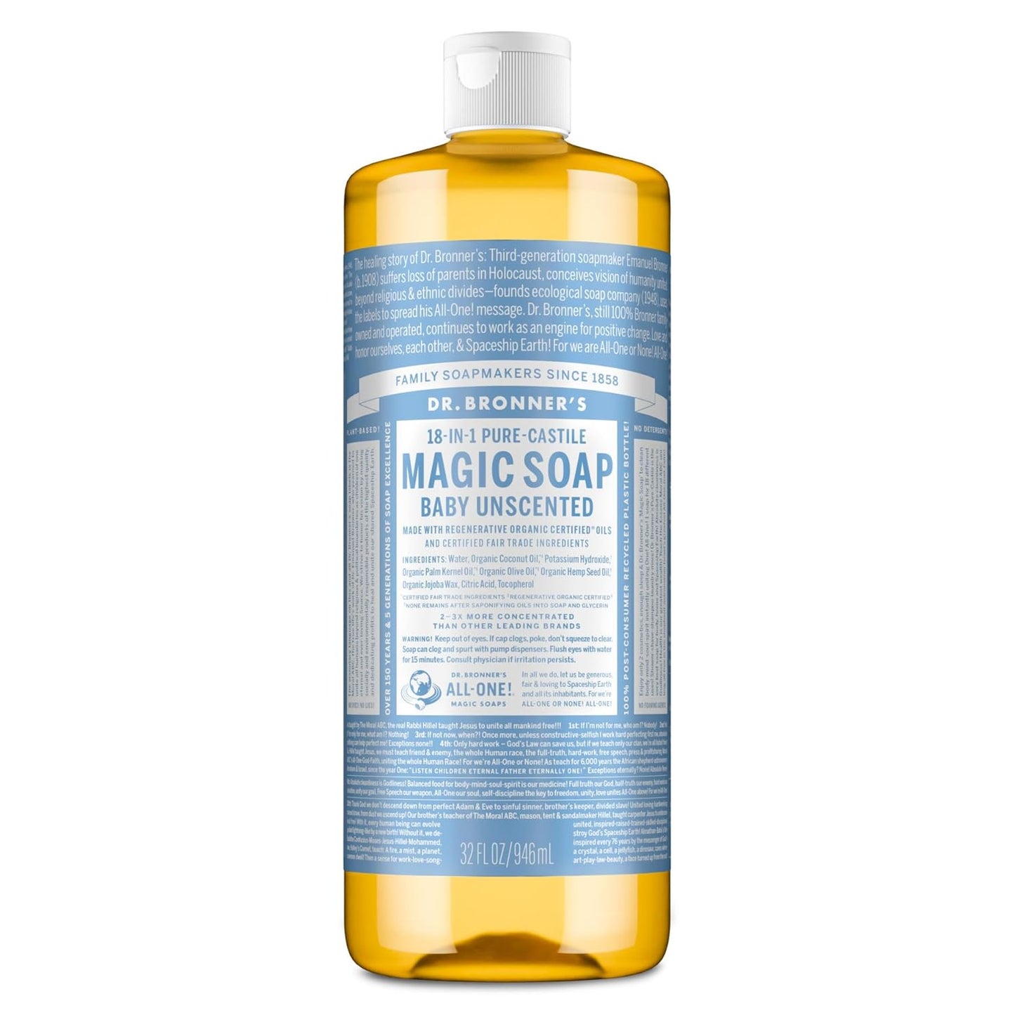Pure-Castile Magic Soap Liquid (Baby Unscented, 32 Ounce) – Made with Regenerative Organic Certified Oils – for Sensitive Skin, Babies, Face, Hair, Laundry, Dishes, Hand Soap & Body Wash