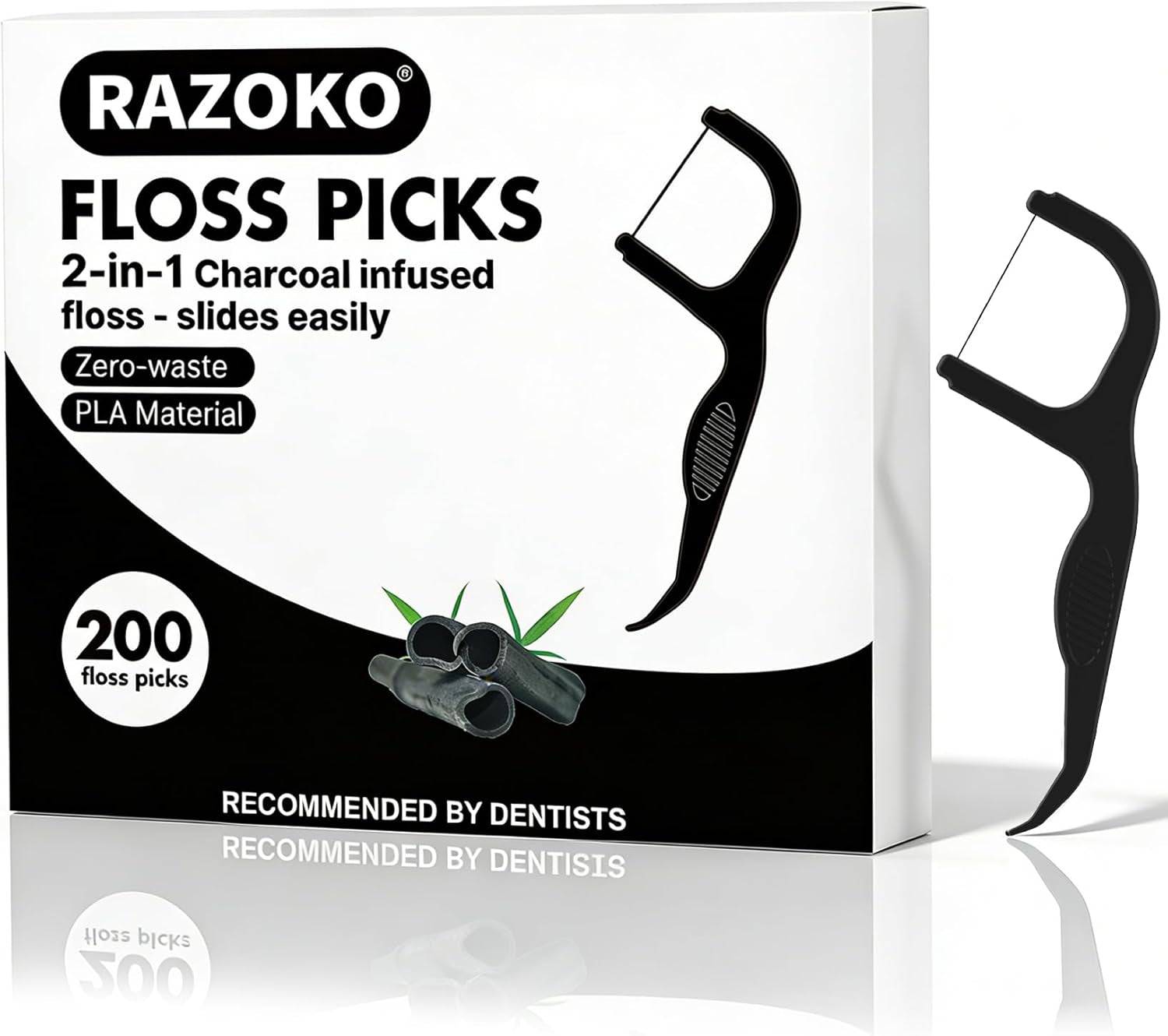 Biodegradable Charcoal Floss Picks | Shred-Resistant Thread, Vegan & Eco-Friendly, 200 Count