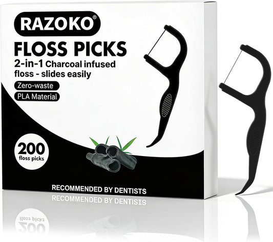 Biodegradable Charcoal Floss Picks | Shred-Resistant Thread, Vegan & Eco-Friendly, 200 Count