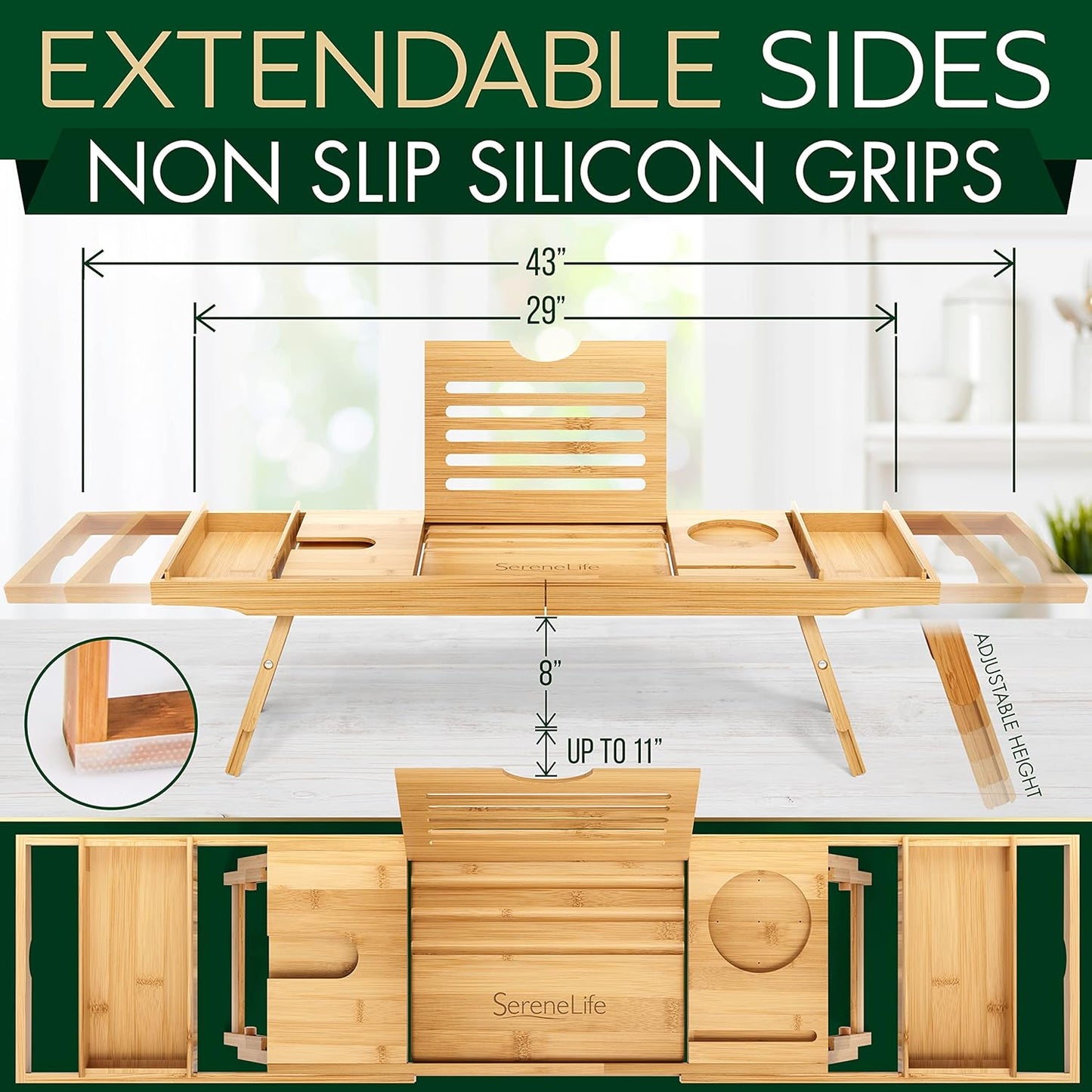 Bath Caddy Breakfast Tray Combo - Natural Bamboo Wood Waterproof Tub and Bed with Folding Slide-Out Arms, Device Grooves, Wine Glass Soap Holder