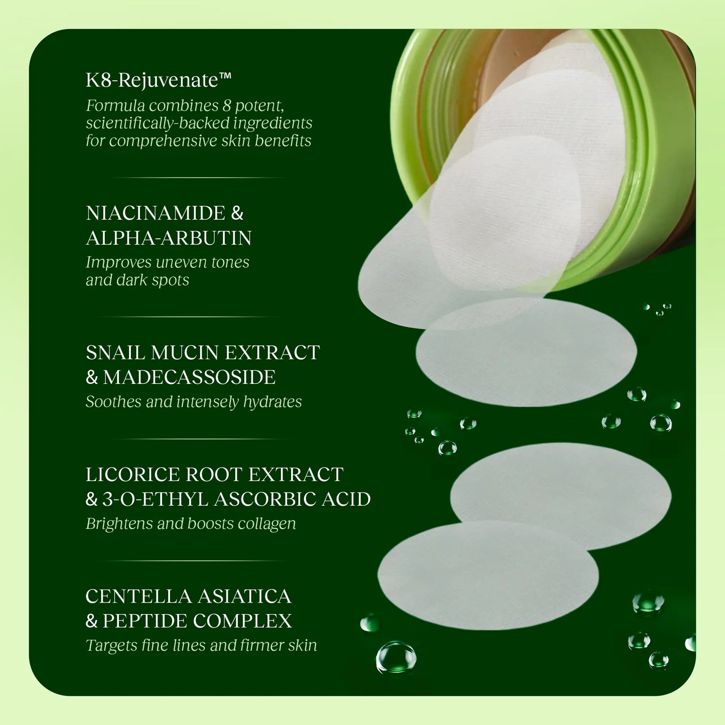 JIYU Renewal & Rejuvenation Toner Pads - Calming, Anti-Aging, Dark Spot Minimizing, Hydrating, Wrinkle Reducing Korean Skincare with Snail Mucin, Centella Asiatica, Niacinamide, Peptide Complex for Skin Repair, Gentle, Acne