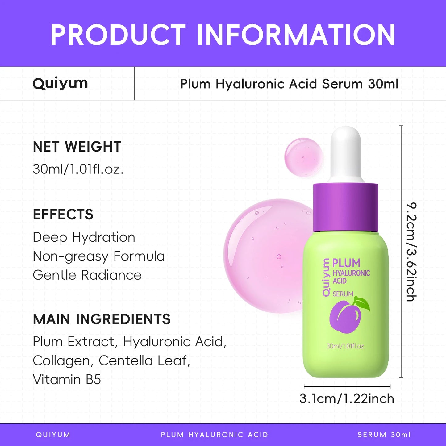 Quiyum Plum Hyaluronic Acid Serum 30ml Deep Hydration Gentle Radiance Non-Greasy for All Skin Types