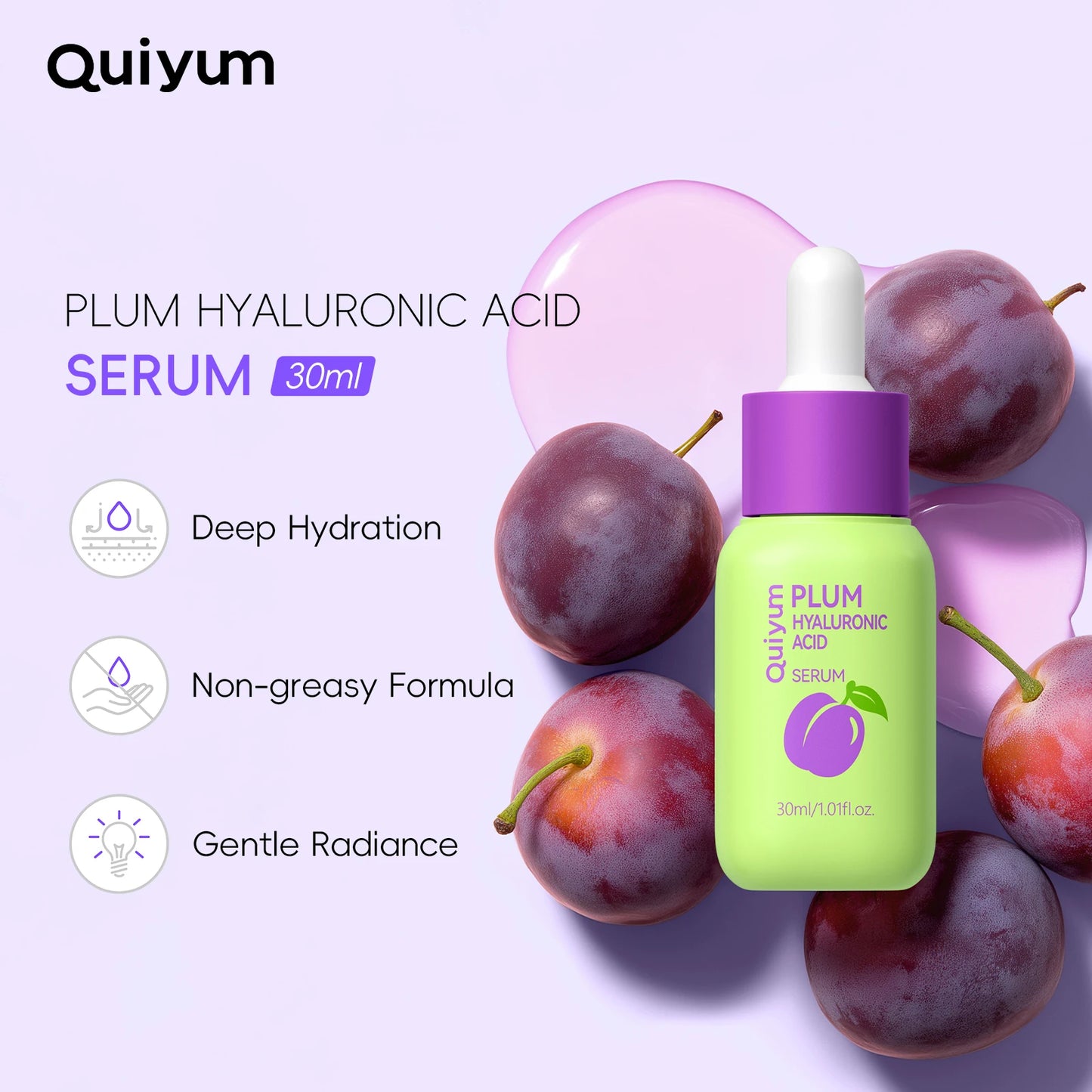 Quiyum Plum Hyaluronic Acid Serum 30ml Deep Hydration Gentle Radiance Non-Greasy for All Skin Types