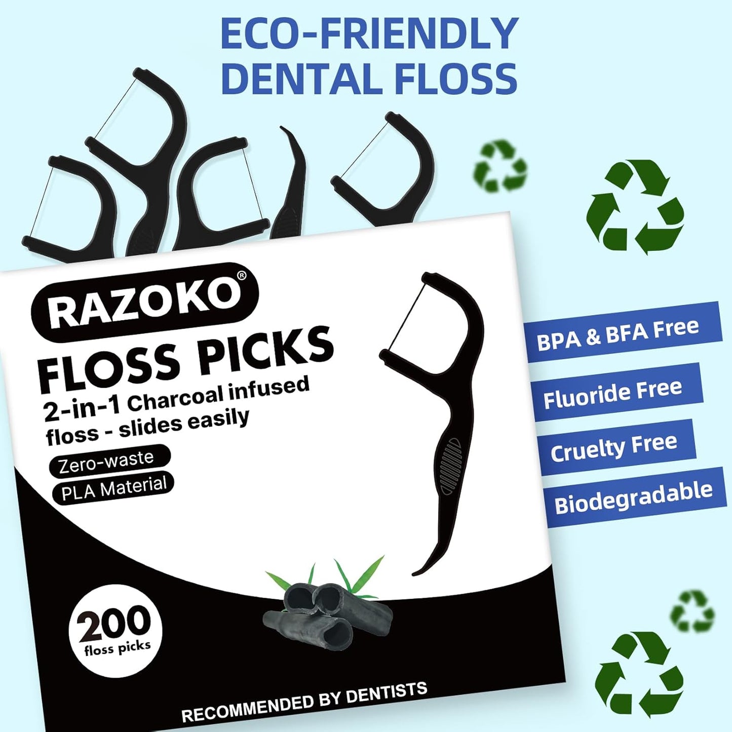 Biodegradable Charcoal Floss Picks | Shred-Resistant Thread, Vegan & Eco-Friendly, 200 Count