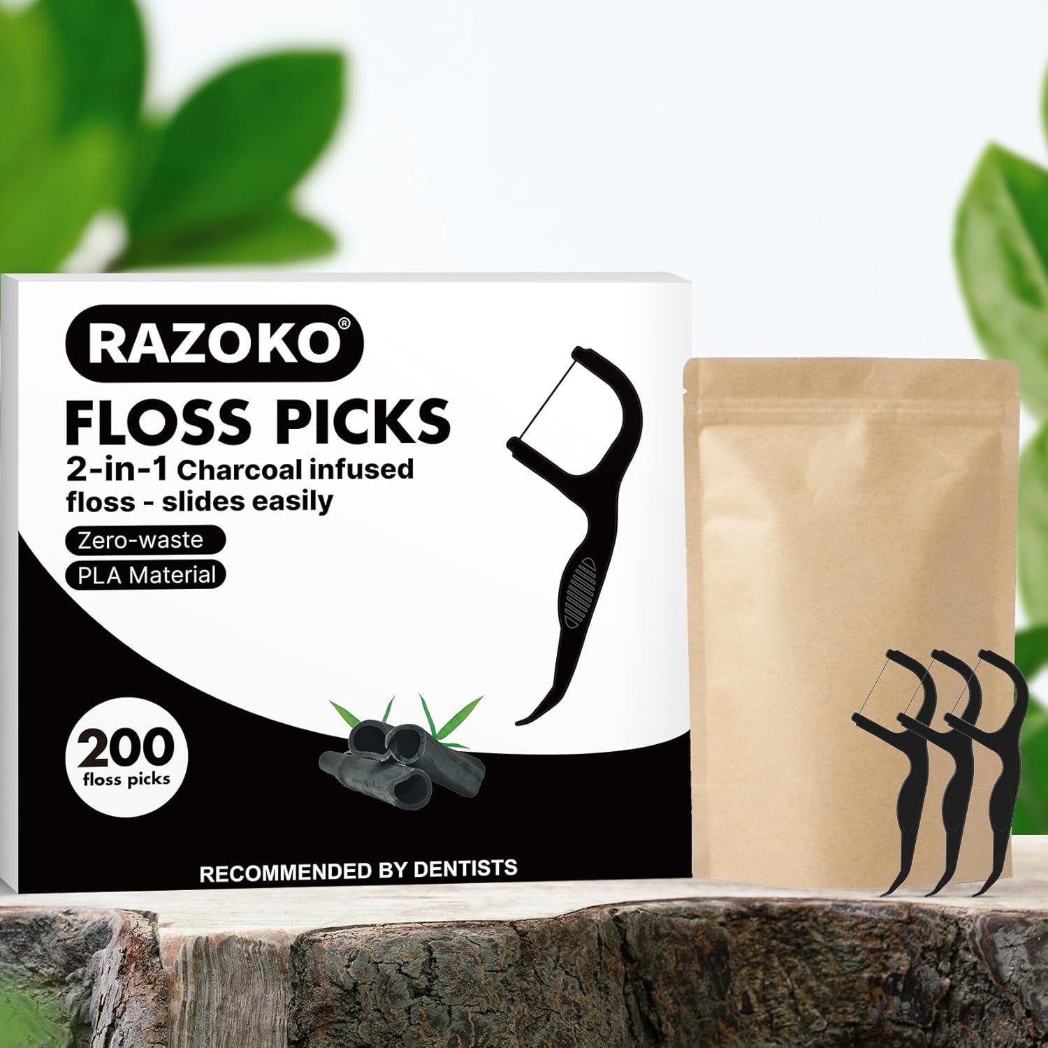 Biodegradable Charcoal Floss Picks | Shred-Resistant Thread, Vegan & Eco-Friendly, 200 Count