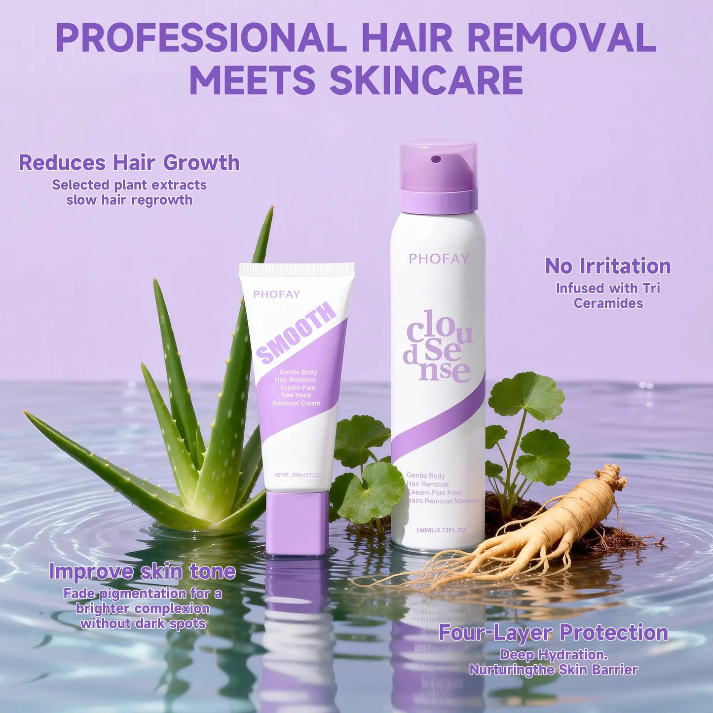 PHOFAY Bikini Pain-Free Hair Removal Spray for Sensitive Skin，Hypoallergenic Formula -Gentle & Fast-Acting Hair Removal Spray，Ginseng、Aloe & Hyaluronic Acid for Soothing Care,Suitable for Men & Women