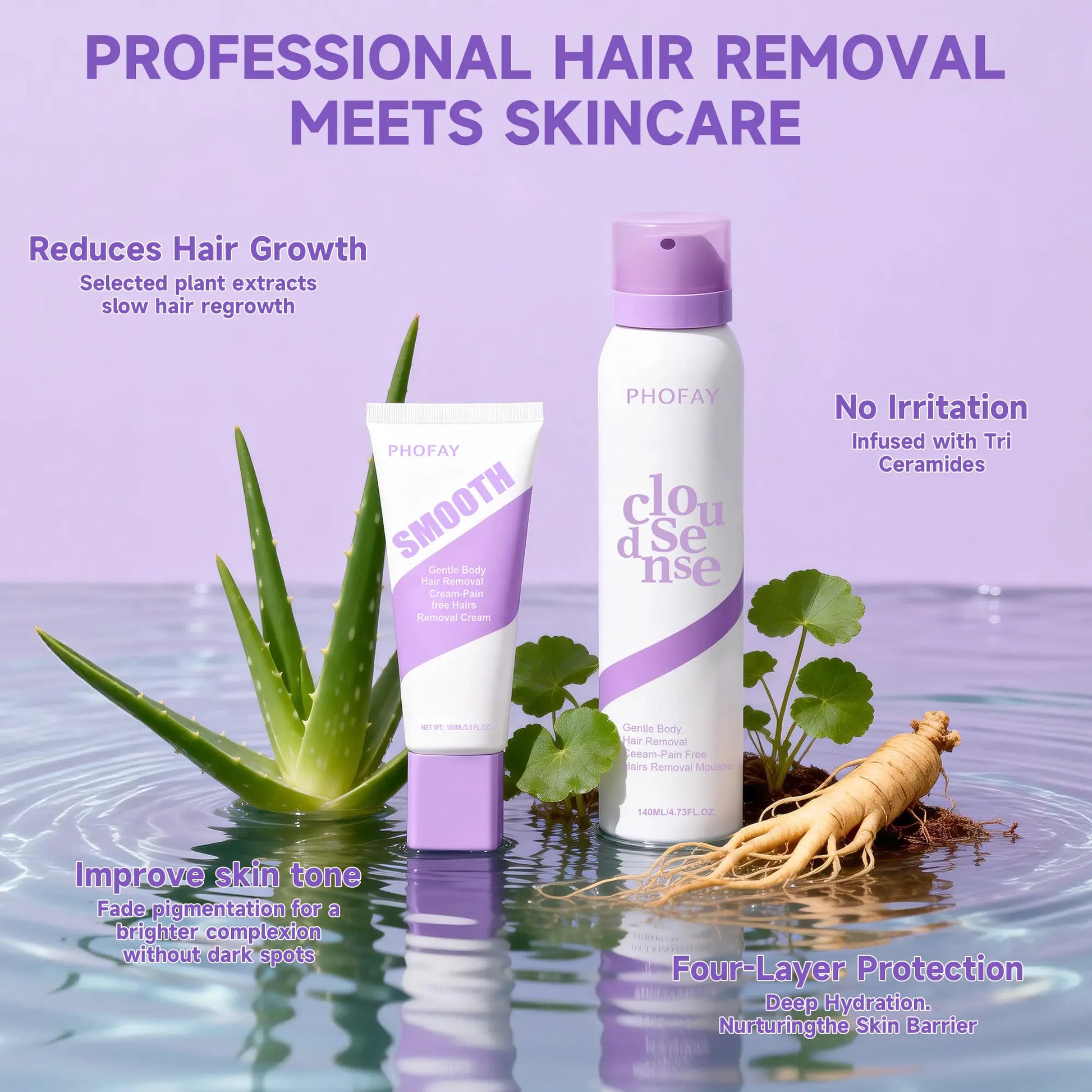 PHOFAY Bikini Pain-Free Hair Removal Spray for Sensitive Skin，Hypoallergenic Formula -Gentle & Fast-Acting Hair Removal Spray，Ginseng、Aloe & Hyaluronic Acid for Soothing Care,Suitable for Men & Women